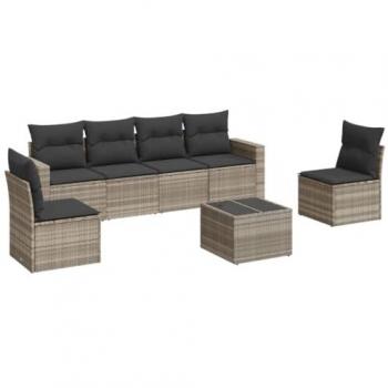 Set de Sofás de Jardín 7 Pzas con Cojines Ratán PE Gris Claro, Sillas con Respaldos, Sofás Modulares, Asientos para Patio Terraza