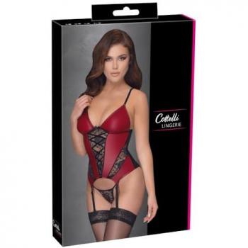 Cottelli Red Wetlook and Lace Basque Set with Thong - XL