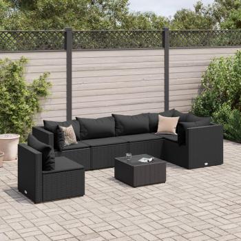 vidaXL 7-Piece Black Poly Rattan Garden Lounge Set with Cushions