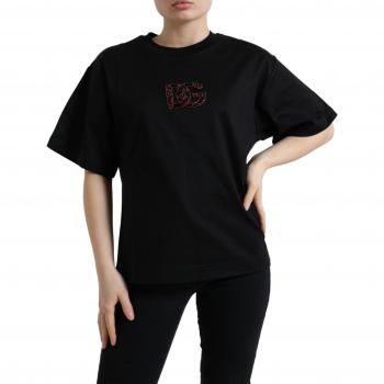 Dolce & Gabbana Black Cotton DG Crystal Crewneck Tee T-shirt - IT36|XXS, Female, Size: 3XS, Black Crystal Embellished Tee Shirt