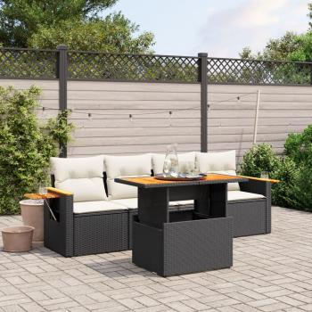 5-Piece Black Poly Rattan Garden Sofa Set with Cushions