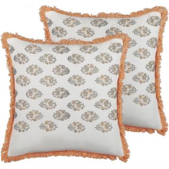 Conjunto de 2 cojines decorativos blancos y naranjas de algodón 45 x 45 cm con motivo floral, napas, hecho a mano, funda removible con relleno