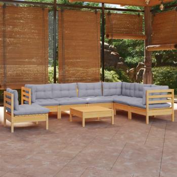 8-Piece Solid Pinewood Garden Lounge Set with Gray Cushions