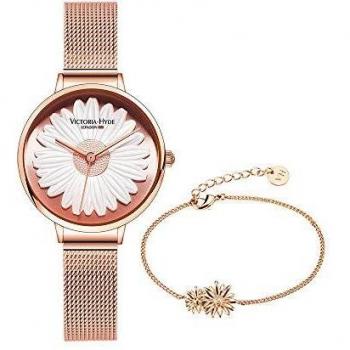 Reloj de Mujer Victoria Hyde 3D Daisy Serie con Correa de Malla de Acero Inoxidable en Oro Rosa