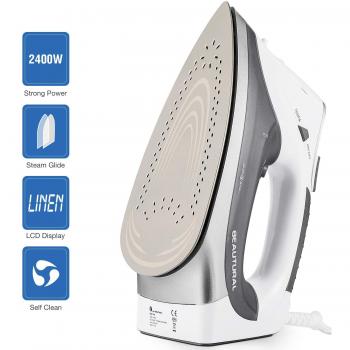 Beautural Plancha de Vapor, 2400W, Vapor 340ml con Pantalla LCD, Sistema antigoteo y función de autolimpieza-Blanco y Gris