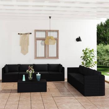 9-Piece Black Poly Rattan Garden Lounge Set with Cushions