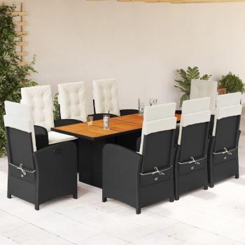 9 Piece Black Poly Rattan Garden Dining Set with Cushions