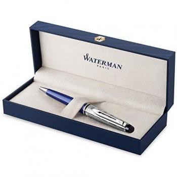 Waterman Expert Deluxe bolígrafo, color azul con capuchón labrado, punta mediana con recambio de tinta azul, estuche de regalo