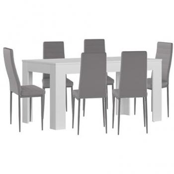 Mesa Extensible de Comedor o Cocina Blanca + 6 Sillas en Polipiel y Metal Gris