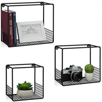 Estantería de pared moderna de metal, set de 3 estantes flotantes negros, 15 cm de profundidad - Relaxdays