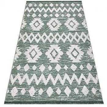 Alfombra Eco Sisal Boho Marroquí Etno Zigzag 22319 con Flecos - Dos Niveles de Vellón Verde/Crema, Alfombra Reciclada 117x170 cm