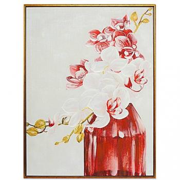 Cuadro Lienzo Pintado Romimex con Marco Blanco y Rojo Flores 60 x 80 x 4 cm