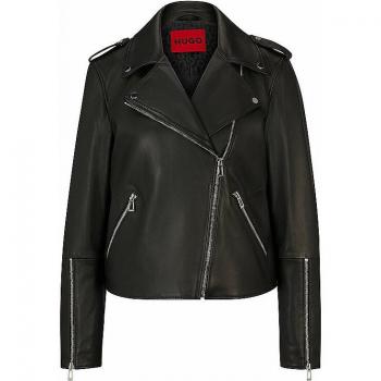 HUGO Women's Black Leather Biker Jacket Lujana - Size S