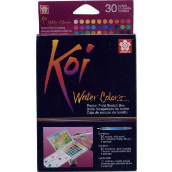 Sakura Koi Water Colors Sketch Box Set de Acuarelas con 30 Colores Surtidos y Pincel Rellenable en Caja de Plástico Multicolor