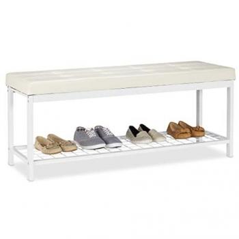 Banco Zapatero XXL, Metal-Piel Sintética, Blanco, 49 x 115 x 40 cm, Con Asiento Acolchado