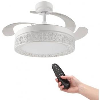 Ventilador de Techo LED Blanco 36W DC Ultra Silencioso con Mando a Distancia, Aspas Retráctiles, 6 Velocidades, 3 Temperaturas de Luz, Temporizador y Función Verano-In