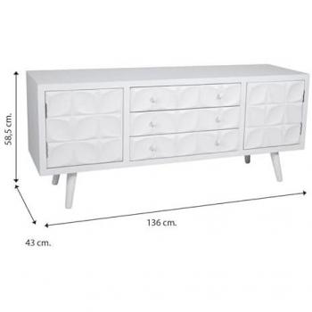 Cajonera multiusos Wanderlust Deco Mueble bajo Blanco de madera lacada, 2 puertas y 3 cajones, dimensiones 136 x 43 x 58,5 cm