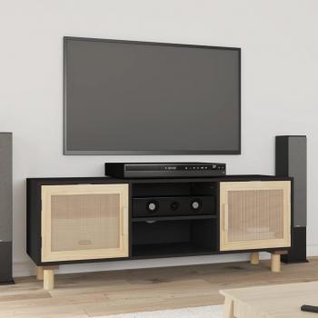 Mueble de TV negro de pino macizo y ratán natural 105x30x40 cm
