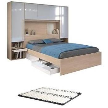 Cama con almacenamiento 160 x 200 cm - con LEDs - Color: natural y blanco brillante + Somier - VELONA