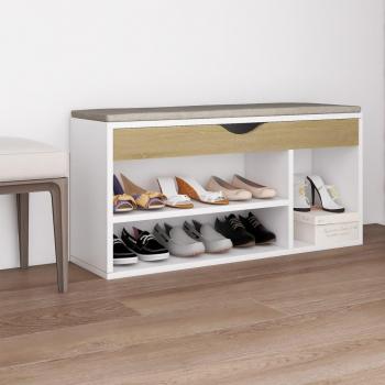 Banco zapatero multicapa Sonoma Oak White con cojín, dimensiones 104x30x49 cm, color beige