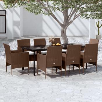 9-Piece Brown and Black Garden Dining Set with Cushions