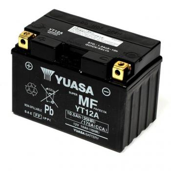 Batería de Moto Yuasa YT12A-BS, Batería W/C sin mantenimiento activada de fábrica, Batería libre de mantenimiento