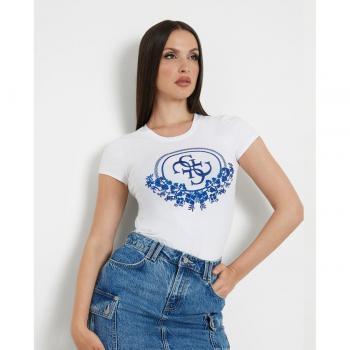 Guess Sequins Front Logo T-Shirt, Female T-Shirt, White, Size: S, Round Neck