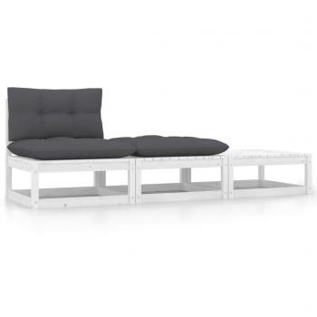 3-Piece White Solid Pine Garden Lounge Set with Cushions