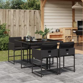 Set de almuerzo de jardín 5 piezas negro con almohadas de Polyrattan, incluye muebles de jardín fabricados en ratán sintético negro, compuesto por una mesa y cuatro sillas, con cojines para mayor comodidad