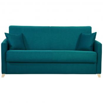 Sofá cama 3 plazas nórdico azul petróleo y madera clara con colchón de 18 cm SKANDY