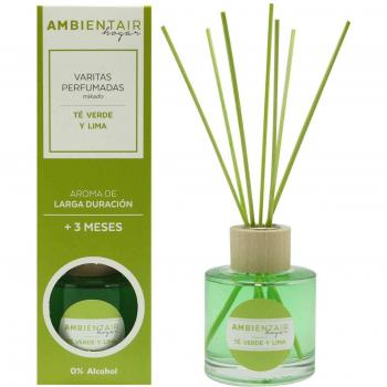 Ambientair Home Perfumes. Difusor de Varillas perfumadas Aroma Té Verde y Lima. Ambientador Mikado Aroma Té Verde y Lima. Difusor 100 ml con palitos de ratán. Ambientador sin Alcohol para casa.