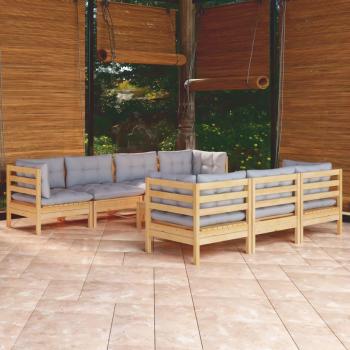 8-Piece Solid Pinewood Garden Lounge Set with Grey Cushions