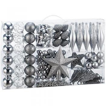 Set de 102 Bolas y Decoraciones de Navidad Plateadas para Árbol de Navidad
