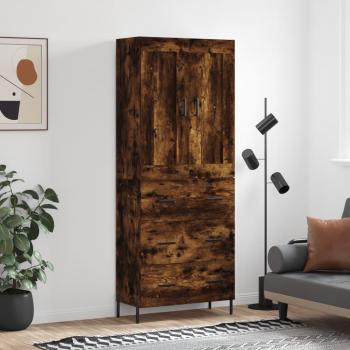 Aparador alto de madera contrachapada roble ahumado 69,5x34x180 cm con 3 cajones, mueble de almacenaje para salón, buffet y armario auxiliar