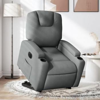 Sillón eléctrico reclinable elevable de tela gris oscuro con respaldo, reposabrazos, asiento ajustable y diseño de relax