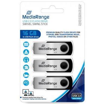 Pendrive MediaRange MR910-3, 16 GB, USB 2.0, Giratorio, Pack de 3 unidades, Negro y Plata