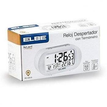 Elbe RD-009-B Reloj despertador con termómetro, adecuado para viajar, display LCD 3,1'', función snooze, display iluminado, temperatura y humedad, color blanco