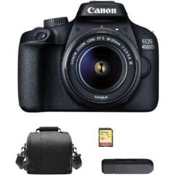 Cámara Réflex Digital Canon EOS 4000D Kit con Objetivo EF-S 18-55mm F3.5-5.6 III + Tarjeta SD de 32GB + Bolsa y Lector de Tarjetas