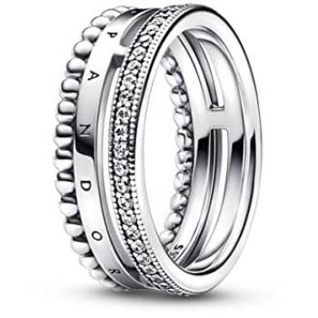 Anillo de Plata de Ley Pandora con Logo, Pavé y Cuentas - Talla 50