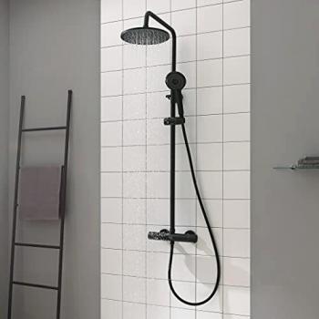 CECIPA Columna de Ducha Termostática Negra Grifos de Ducha Termostática Ducha de lluvia 24 * 24 cm y Ducha de Mano con 3 Chorros en Acero Inoxidable
