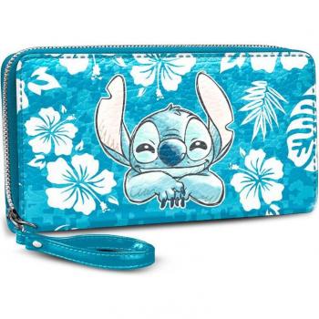 Cartera Aloha Stitch Disney con múltiples compartimentos, color azul y cierre zip