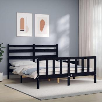 Estructura de cama de matrimonio con cabecero de madera maciza en color negro - vidaXL
