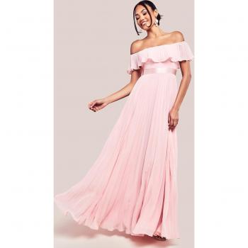 Goddiva Pleated Chiffon Off Shoulder Maxi Dress - Blush