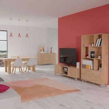 Pack de Muebles de Salón Comedor Oslo Estilo Natural en Roble Gold (Mesa de Comedor Extensible + Mueble de TV + Aparador + Librería)