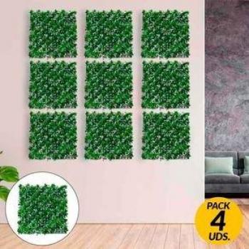 Pack de 4 paneles de jardín vertical artificial con flores verde/blanco