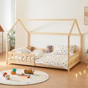 Cama Infantil Hesel en Forma de Casa de Madera de Pino 120 x 200 cm con Barandilla - Natural