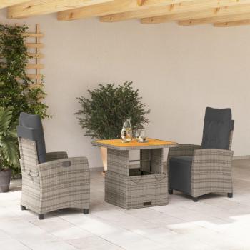 3-Piece Grey Poly Rattan Garden Dining Set with Cushions