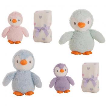 Set de Regalo Pingüino Rosa Peluche 22cm y Manta Coral Estampada 90x75cm
