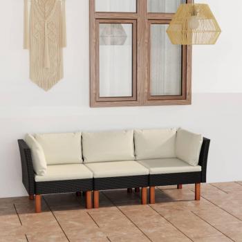 3-Seater Garden Sofa with Cushions in Black Poly Rattan