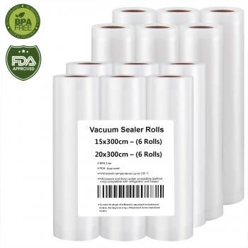 Rollo Envasado Vacío, 12 Rollos Bolsas de vacío 15x300 y 20x300cm de Grado Comercial para el Ahorrador de Alimentos y Sous Vide Cocina, Aprobación de la FDA y BPA Free
